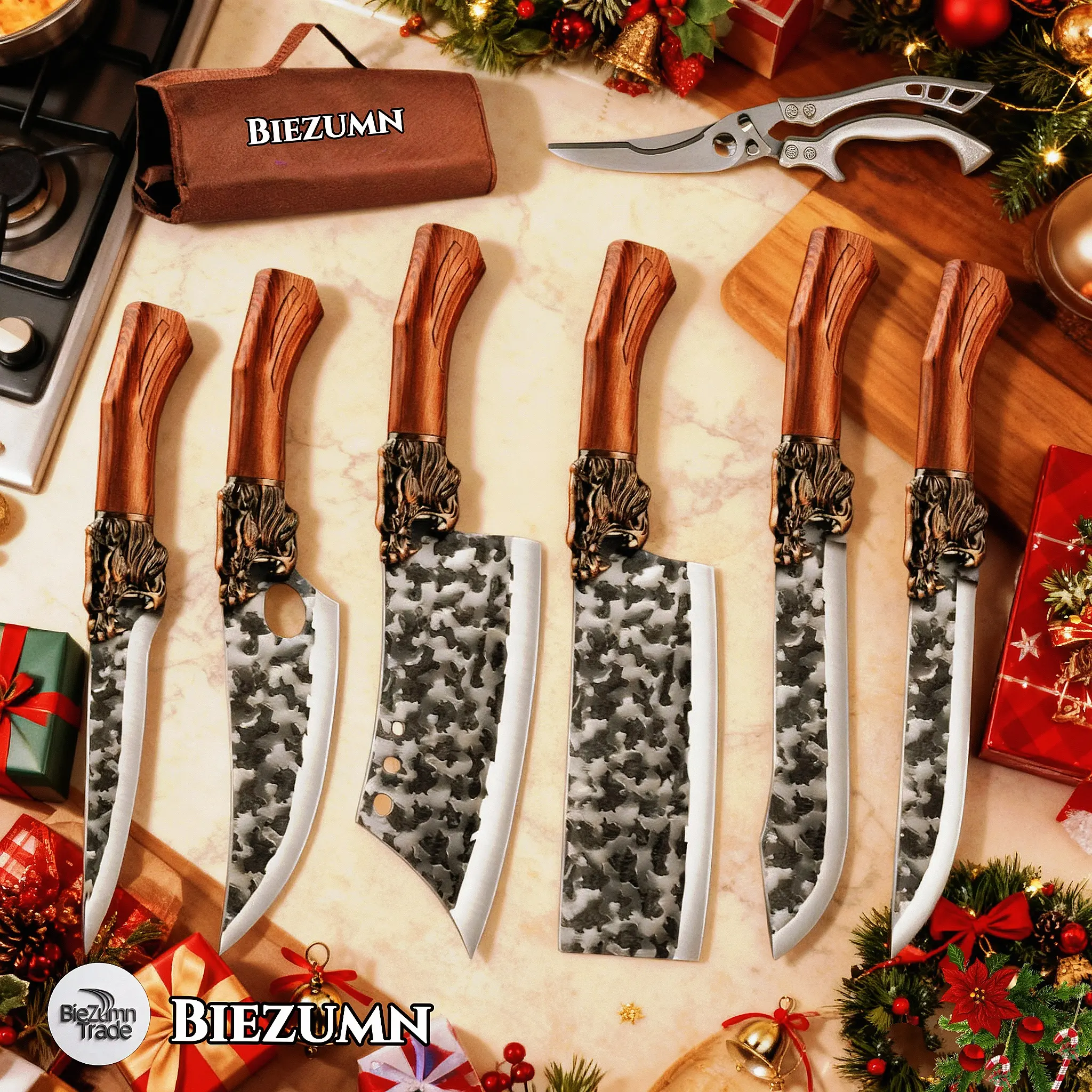 7-Piece Thick Hammered Stainless Steel Kitchen Knife Set - Professional High Carbon Steel Knives, Wear-Resistant, Durable, Super Sharp, Multicolor for Chef's Cooking Ingredient Cutting