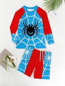 Unisex Kids Swimsuit Blue Spider Web Print Two-Piece Set Long Sleeve Sun Protection Pool Beach Water Play Equipment Swimwear Sets
