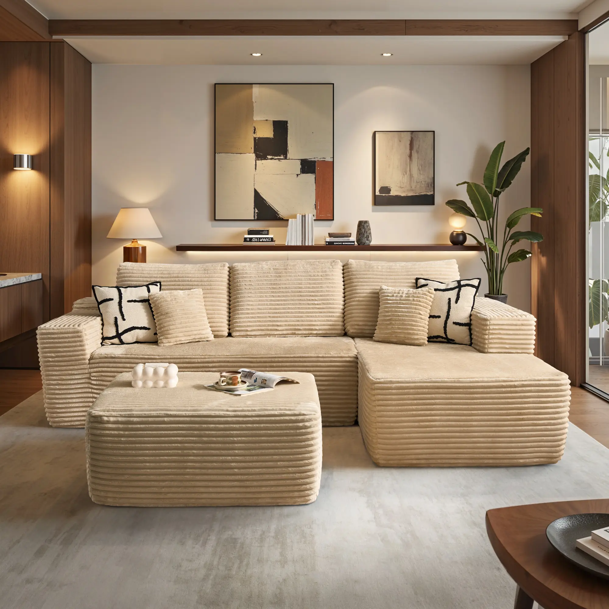 Beige Plush Corduroy Right Chaise