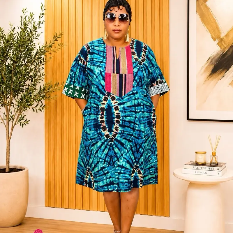 Emerald Ankara Patchwork Pocket Kaftan Mini Dress