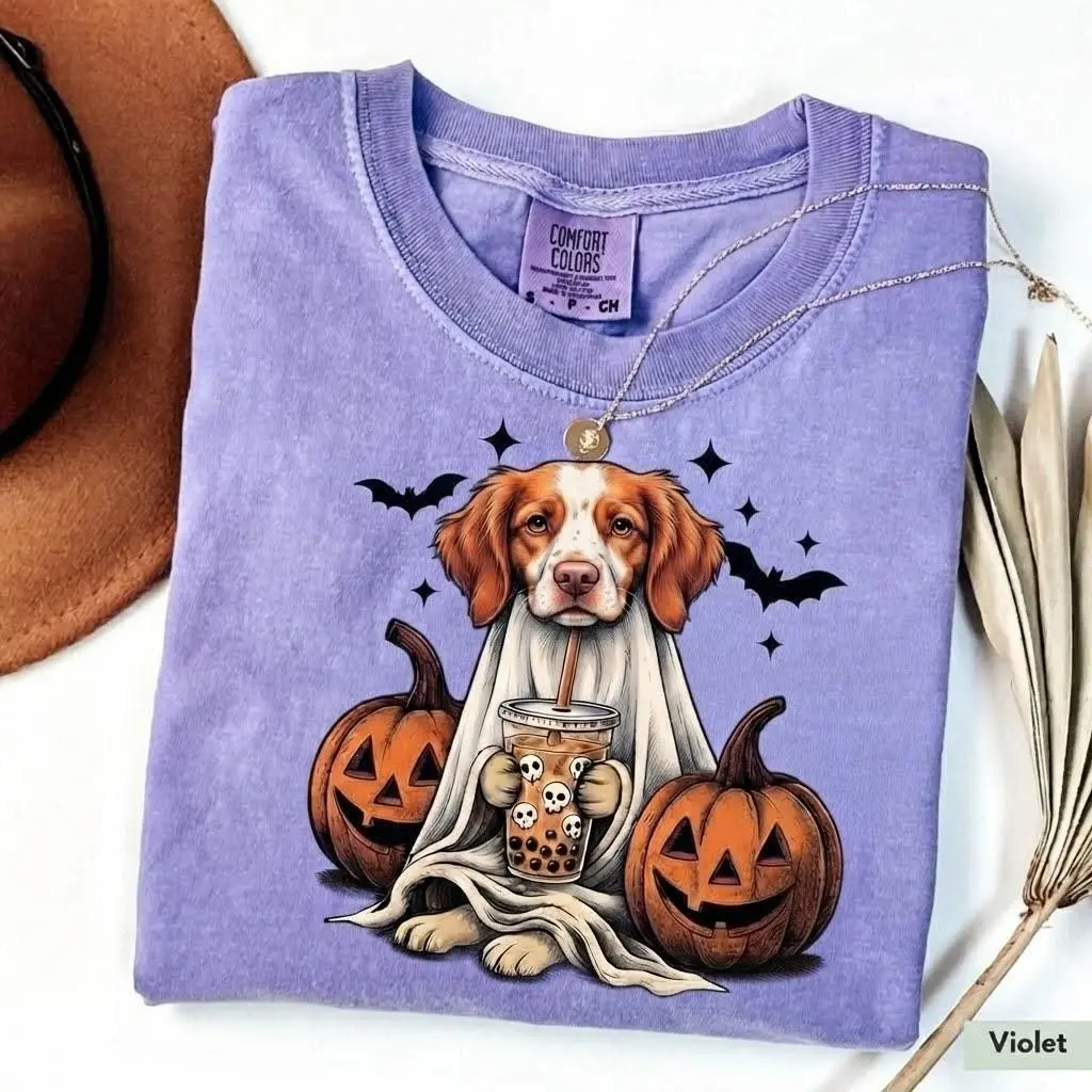 Comfort Colors Brittany Spaniel Ghost Halloween Tee - Soft Vintage Style Fall Graphic Shirt...