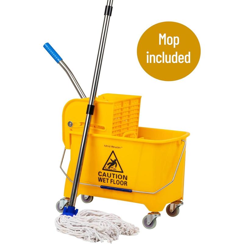 Mind Reader Bucket with Wringer and Mop Set, 22 Qt (5.5 Gallon), Floor Cleaning, Wheels, 16.25" L x 10.75" W x 24.5" H, Yellow