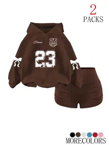 Women's Fall Winter Hooded Drawstring Adjustable Sweatshirt Set, Fashionable Simple Design with Tree Branch Print, Casual Wear for Daily Use