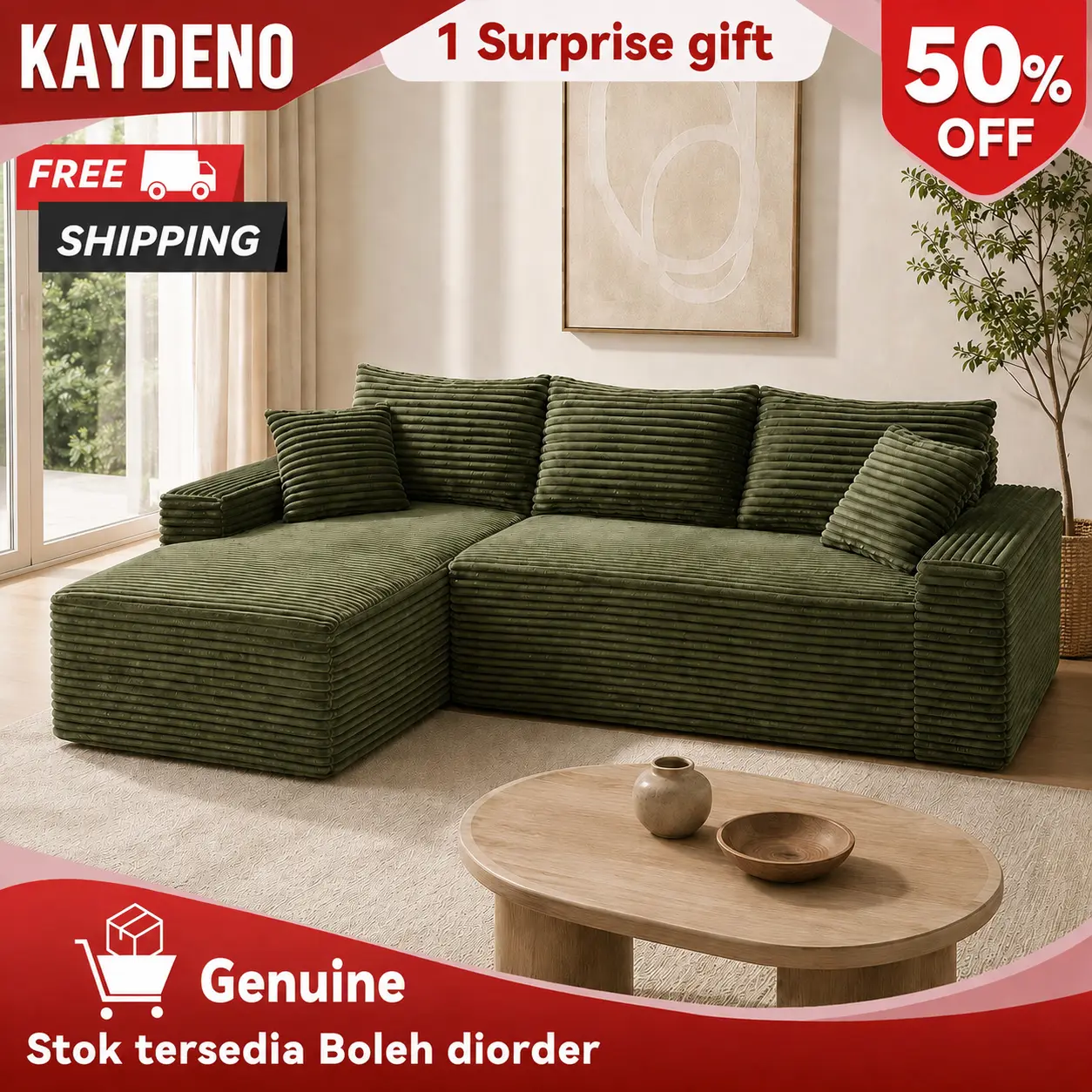 KAYDENO L Shaped Compressed Sofa, Boneless Cloud Couch with Chaise, Modular Corduroy Sectional Sofa, Deep Seat Sofa in a Box, Oversized No Assembly Couch for Living Room, Apartment & Bedroom