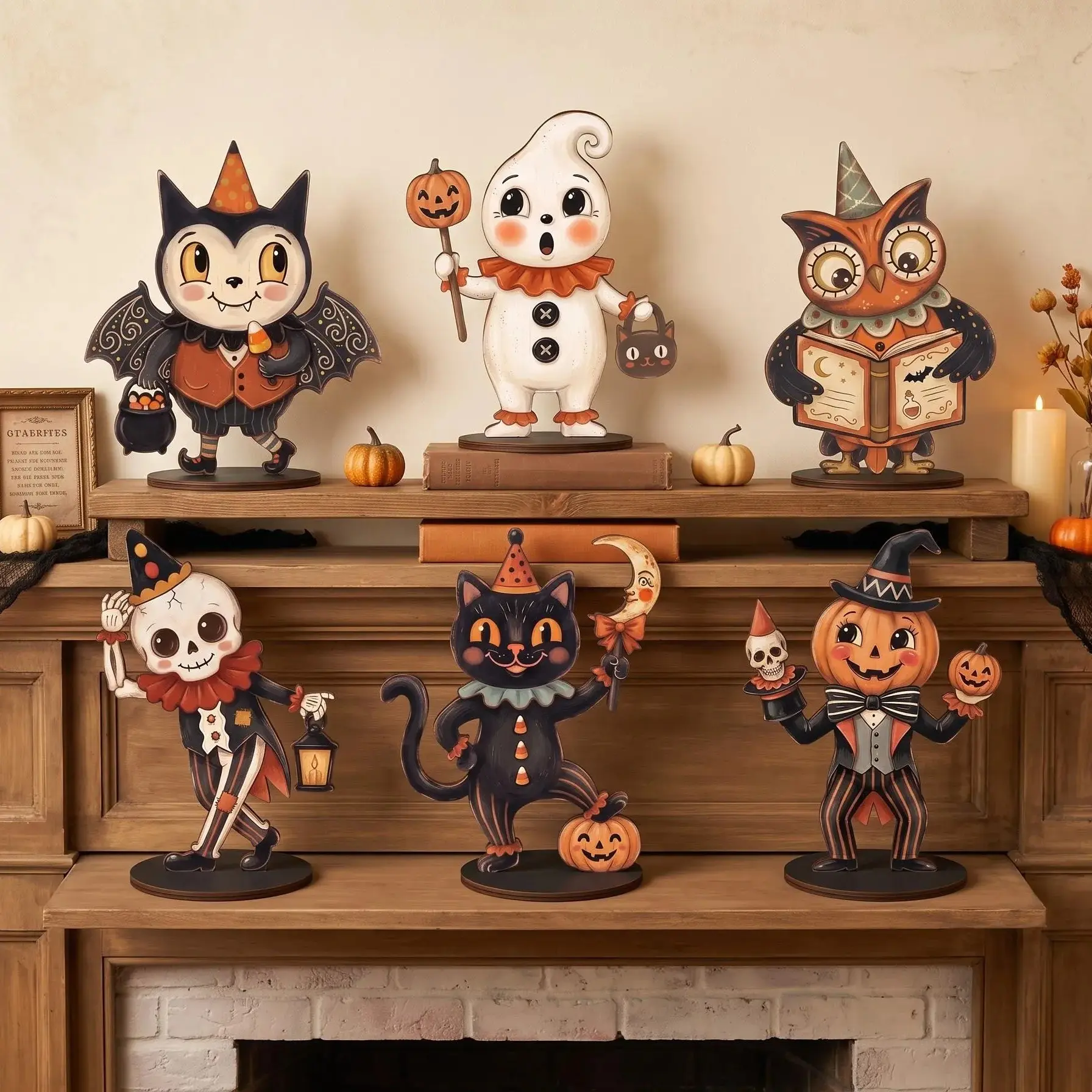 Vintage Halloween Decor Indoor, Retro Wooden Plaque for Shelf Decor, Housewarming Gift, Cute Halloween Gift