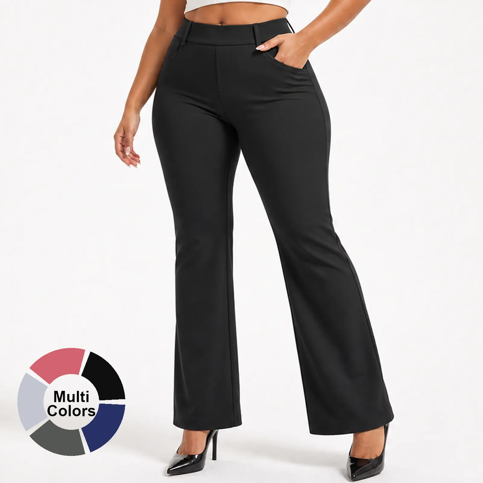 AVAMO Women's High-Waisted Elastic Stretchy Fitted Mini Flare Bottoms - Belt Loops, Pockets, Dressy Pull-On Polyester Pants for Women, Black Pants, Business Casual Office Work Clothes,back to school shopping