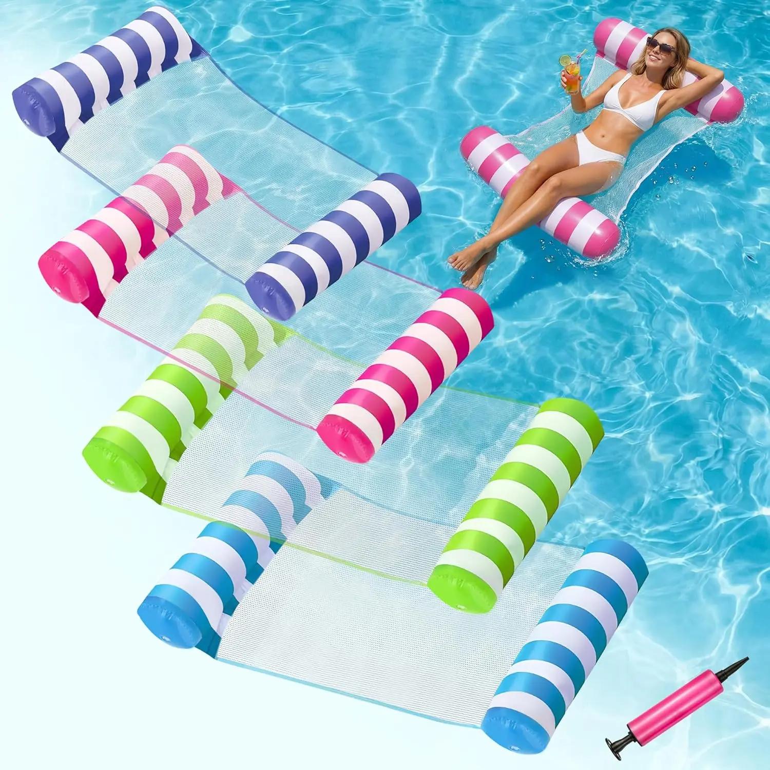 4 Pack Inflatable Pool Floats, 4-in-1 Water Hammock, Pool Floats Adult Size for Swimming Pool Party Summer Lake Water Fun