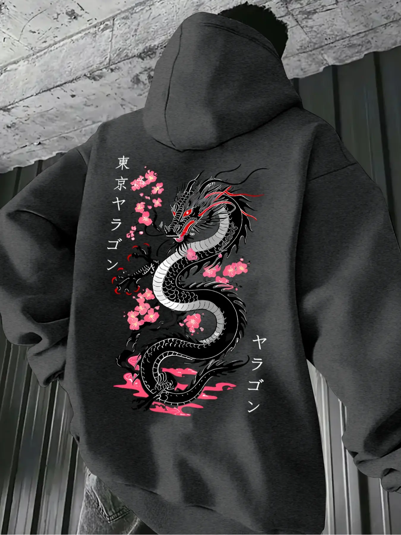 Men's Casual Hooded Sweatshirt with Dragon Print, Soft Polyester Fabric, Drawstring Pocket Long Sleeve Casual Streetwear Pullover for Fall & Winter