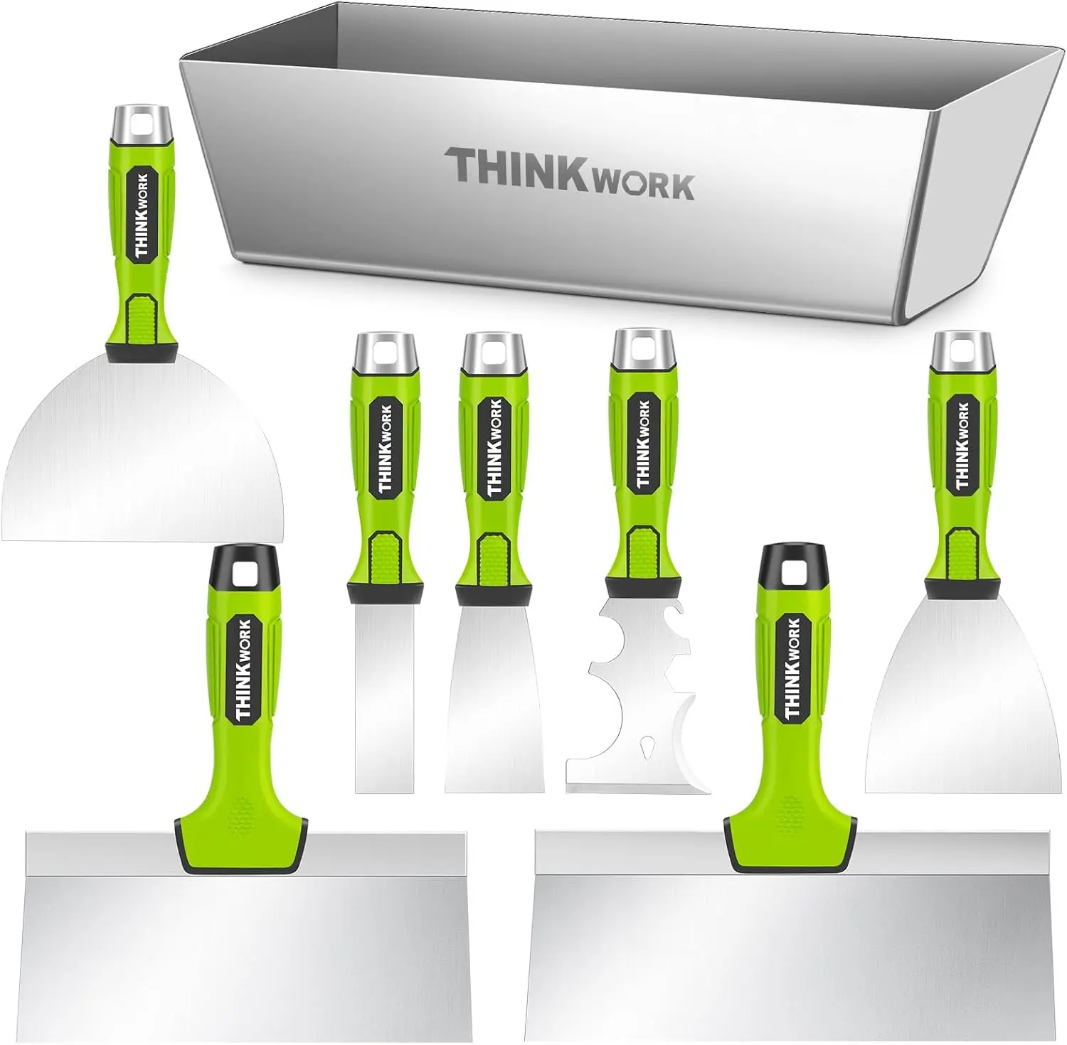 THINKWORK Drywall Tools, 8Pcs High Quality Stainless Steel Drywall Knife Set, Putty Knife with Mud Pan, Ergonomic Grip Tapping Knife with Hammer End for Drywall Work