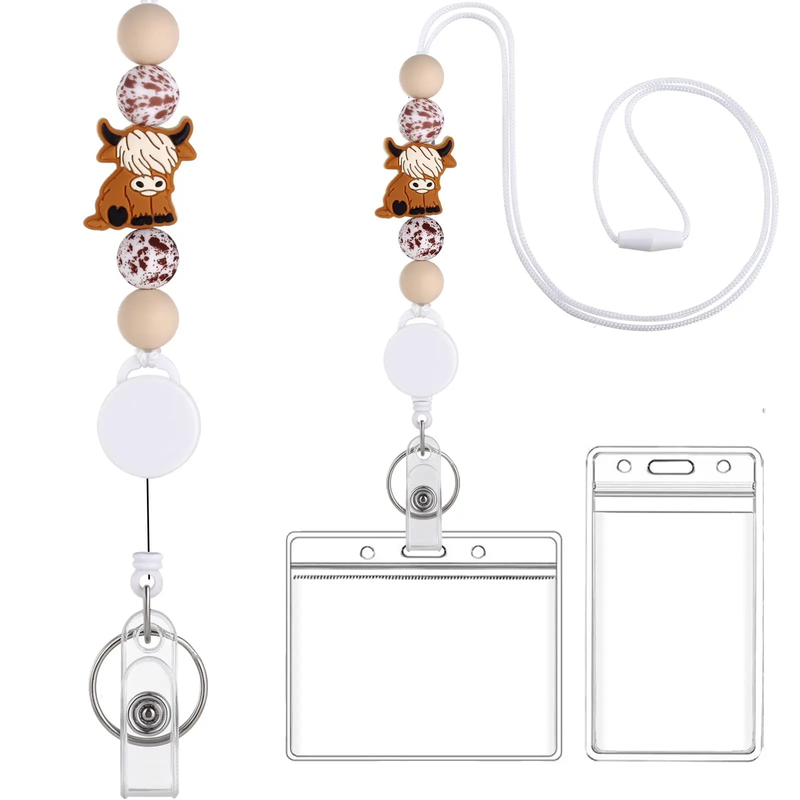 Teacher Lanyard Retractable Lanyards For Id Badges And Keys  Cute Beaded Breakaway With Holder Badge Nurse Gifts Women (brown Highland Cow)