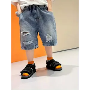 Boys' Summer 2026 Fashionable Lightweight Denim Shorts - Breathable Blend, Ripped Mid-Thigh Design with Elastic Waistband & Drawstring, Casual Knee-Length Jeans for Youngsters, Jean Shorts