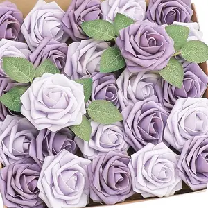 29pcs(25pcs Roses+4pcs Leaves) Violet Purple Foam Roses with Stems - Artificial Rose Flowers for DIY Wedding Bouquets, Bridal Shower Centerpieces, Party Table Decorations, and Home Decor, Elegant Flower Arrangement Perfect for Thanksgiving Decor