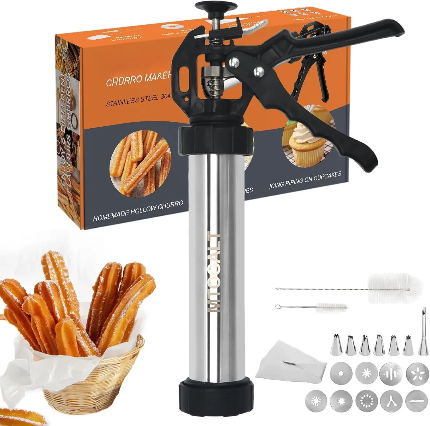Churro Maker Machine, 21- Stainless Steel Churro  Kit, Churros Maker , Cookie Press Set, Hollow Churro, Spritz Cookie Press  with Piping Bag, Filler, 6 Tips, 9 Discs, 2 Brushes