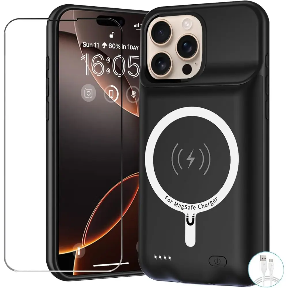 Battery Case For iPhone 16 Pro, 10000mAh Battery Pack Rechargeable Charger Case Support Carplay with Wireless Charging Compatible For iPhone 16 Pro (6.3 inch) External Battery Charging Case (Black)