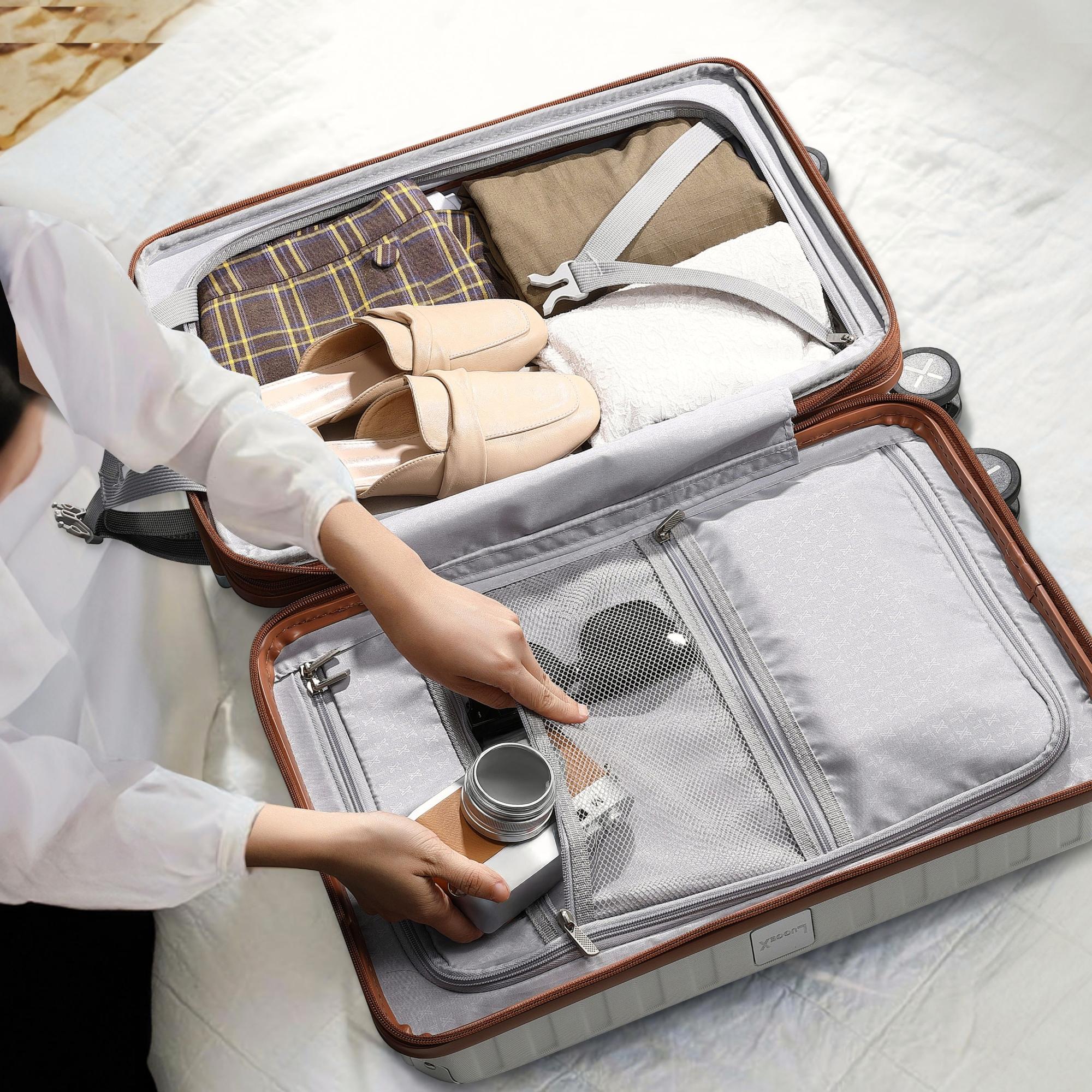 LUGGEX 20 Inch Carry On Luggage Airline Approved, PC Expandable Hard Shell Suitcases with Spinner Wheels,  White Brown