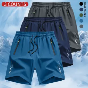 Men’s 3-Pack Breathable Quick-Dry Polyester Athletic Shorts, Elastic Waist Drawstring, Zip Pockets, Solid Color Casual Sports Style, Mid-Rise Regular Fit, Suitable for Gym and Workouts,summervibes