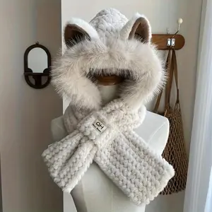 Ladies' 1-Piece Plush Fox Ear Hat-Scarf Set, Winter Cold Weather Fashion Accessory with Integrated Neck Warmer and Warm Fleece Liner