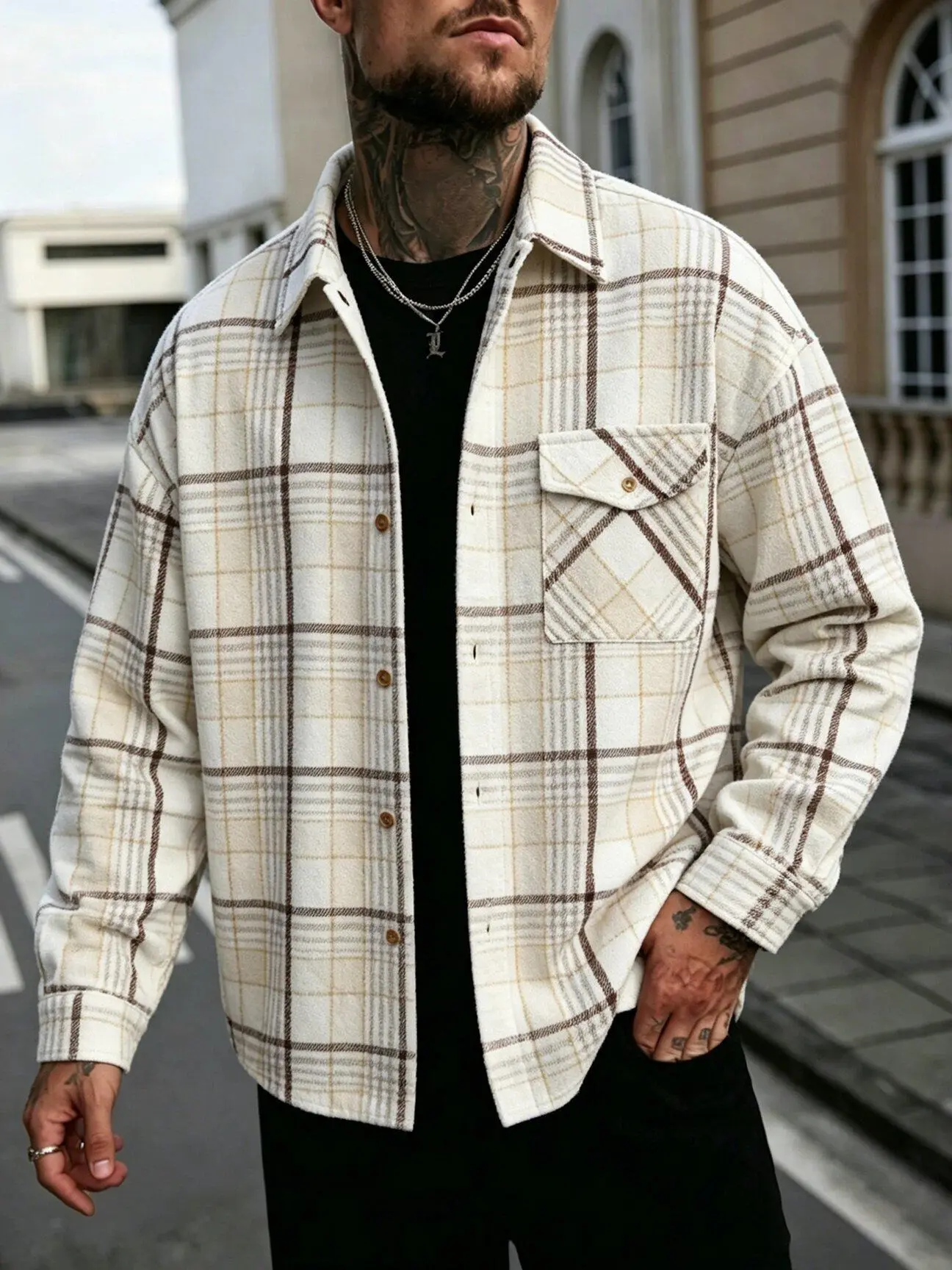 Men’s brushed plaid shirt jacket, soft fleece long-sleeve collared button-front shirt, casual plaid shirt, suitable for streetwear and everyday outings