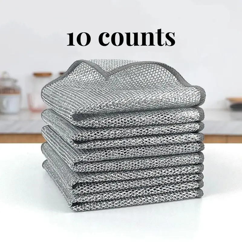 10 Counts Dishwashing Rags��Multipurpose Non-Scratch Wire Dishcloths for Wet and Dry Use, Reusable Wire Cleaning Cloths for Kitchen, Sinks, and Pans Silver Removable, Washable & More