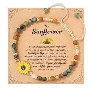 Women's Sunflower Pendant Bead Bracelet - 6.5" to 10.5" Adjustable Rope Cord, Rose Quartz, African Turquoise, Durable Stainless Steel - Positive Uplifting Fashion Accessory - Birthday, Christmas Gifts for Women