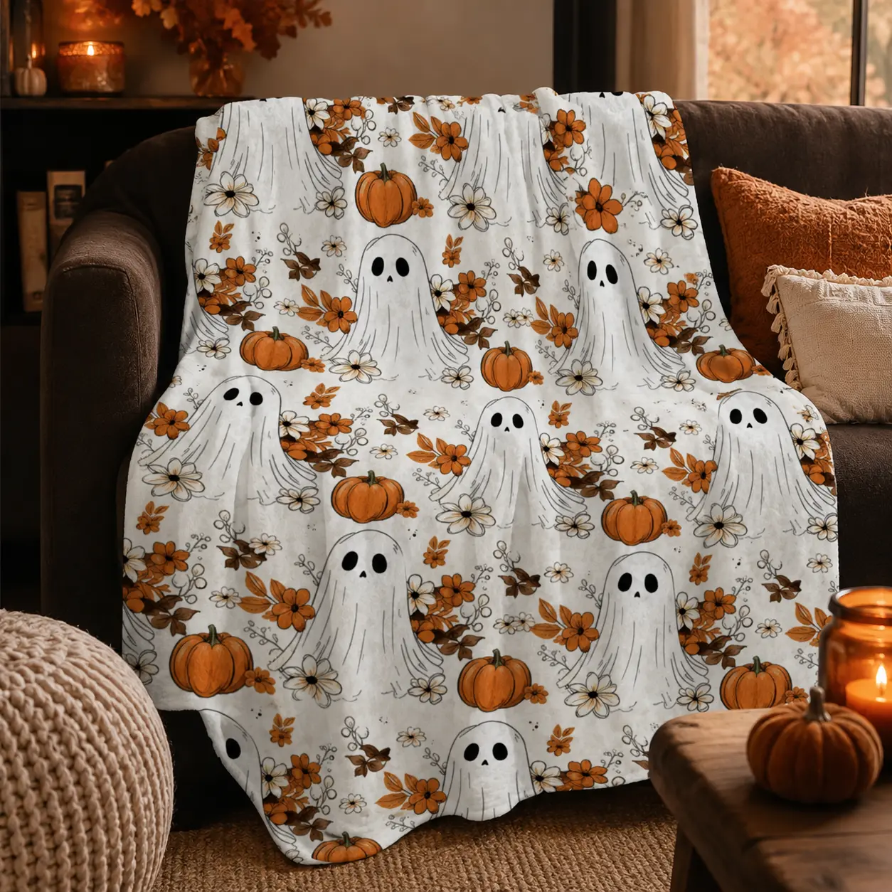 Cute Fall Ghost Pumpkin Floral Autumn Halloween Flannel Throw Blanket, Lightweight Ultra Soft Fuzzy Plush Blanket for Couch Bed Sofa, All Season Cozy Warm, Lovely Holiday Gift, Vintage Neutral Spooky Cottagecore Style Bedroom Living Room Home Decor