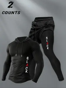 Hooded Long Sleeve Sports Pants Two-Piece Set, Casual Loose-Fit Kint Fabric, Moderate Thickness, Spring & Fall Wear, Streetwear Tracksuit Set