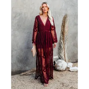 Long Sleeve Embroidery Lace Romper Women's Casual Boho Floral Deep V-Neck Lace Romper Long Sleeve Cocktail Maxi Dress Lace Plunge A-line Vacation Split Hem Dresses Bridesmaid  Party Fall Womenswear Christmas? thanksgiving outfits for women