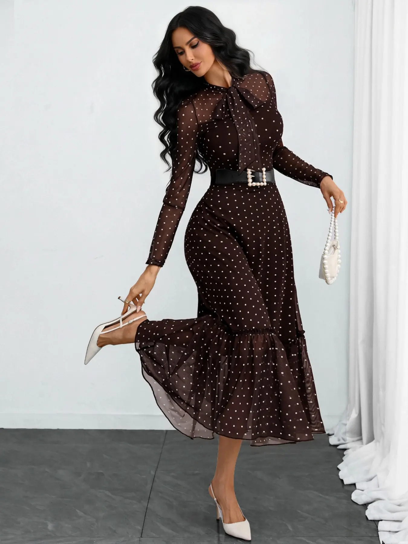 Women's Elegant Vintage Polka Dot Sheer Mesh Print Bow Tie Formal Office  Siren Dress, Stylish Workwear, No Belt Included, Perfect for Business -  TikTok Shop