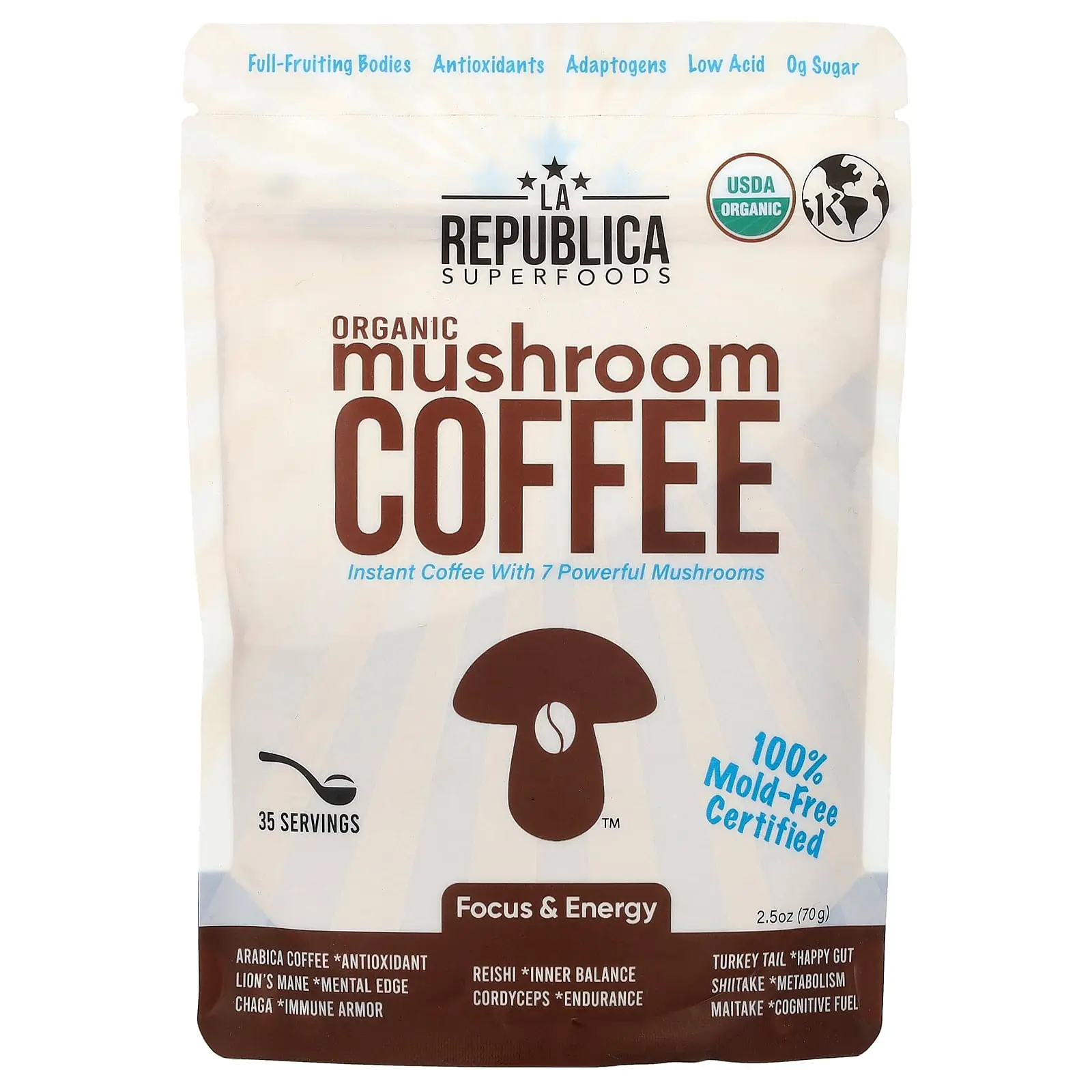 La Republica Organic Mushroom Coffee, Instant Coffee With 7 Mushrooms, 2.5 oz (70 g)