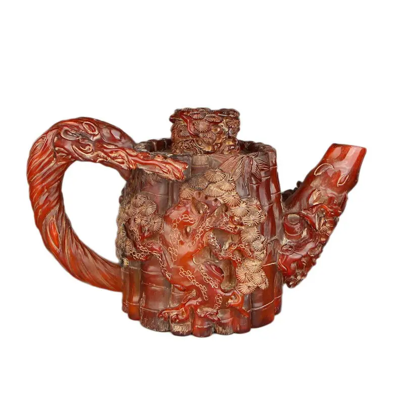 Superb Vintage Ox Horn Carved Pine Tree Teapot