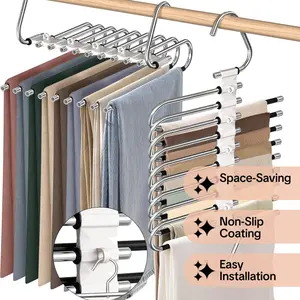 5/9-Tier Stainless Steel Trouser Rack Space-Saving Closet Organizer with 5 Extra Hooks Non-Slip Coating Easy Installation for Home Closets