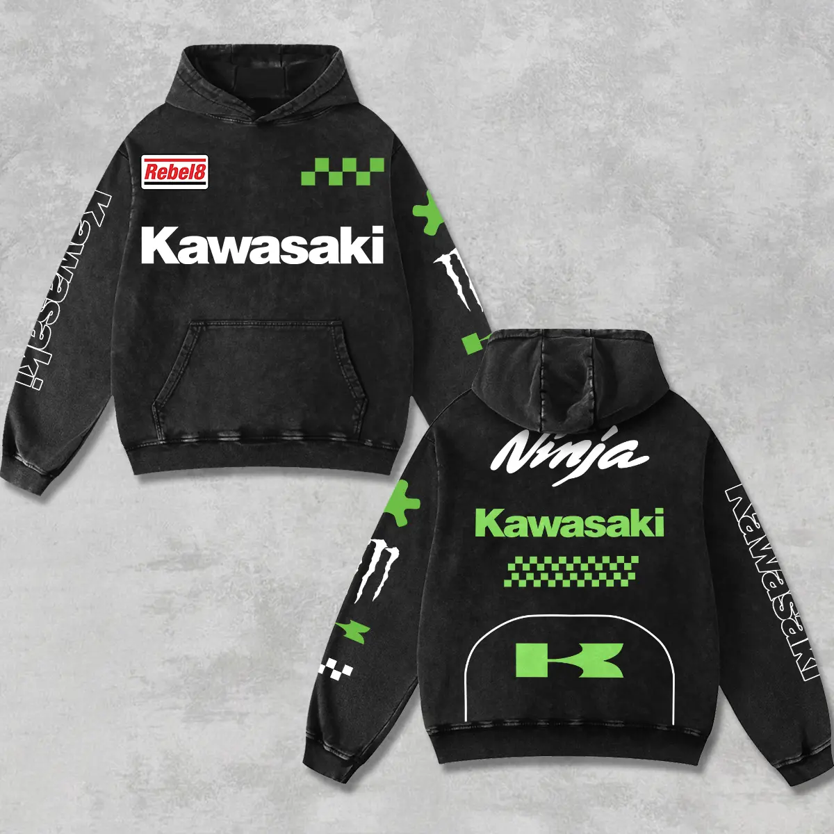 Retro Monster x Green Kawasaki Ninja Racing Hoodie Acid Washed, Motor World Championship Enthusiast, Motorcycle Off-Road Dirt Bike Graphic Streetwear, Heavyweight Biker Sweatshirt, Retro Moto Gear Motorbike Apparel Men’s Grunge Y2K Racing Jacket Style