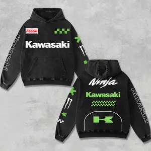 Retro Monster x Green Kawasaki Ninja Racing Hoodie Acid Washed, Motor World Championship Enthusiast, Motorcycle Off-Road Dirt Bike Graphic Streetwear, Heavyweight Biker Sweatshirt, Retro Moto Gear Motorbike Apparel Men’s Grunge Y2K Racing Jacket Style