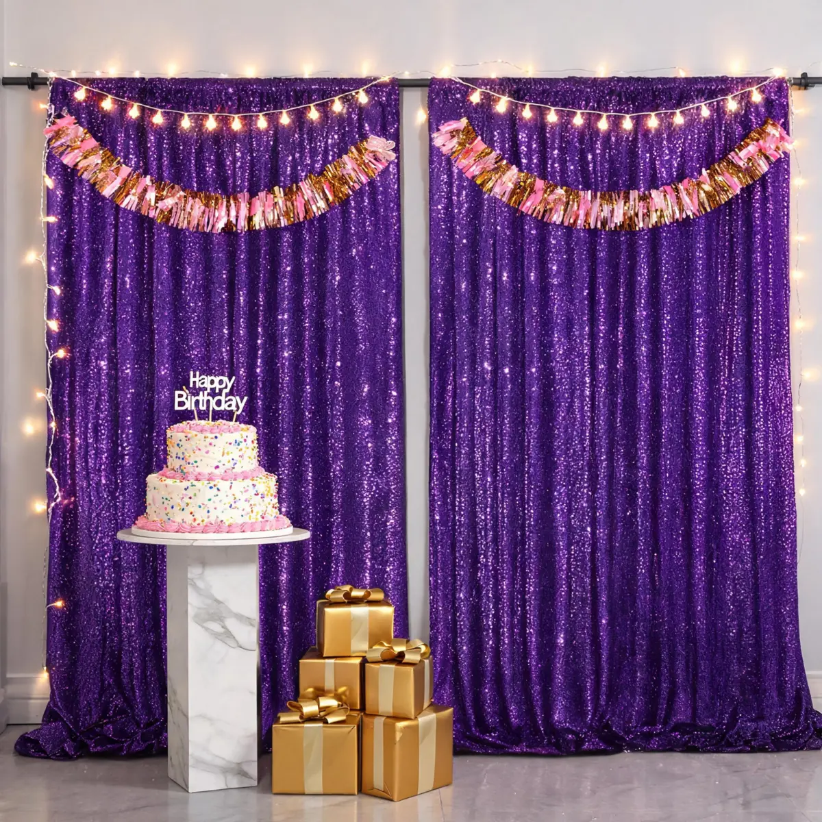 Glamour Magic Round Purple Glitter Sequin Backdrop Curtain - 2-Panel, 4x8ft Banners, for Wedding, Birthdays, Parties, Photography Studio Decor, 4X8 Ft
