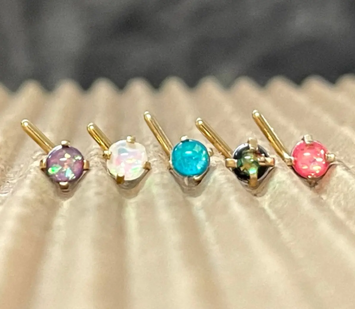 1pc Prong Set Opal Sparkle L-Bend Gold Plated Nose Ring 316L Steel Body Jewelry