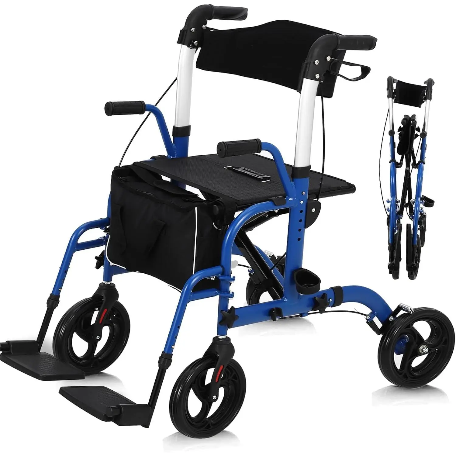 2 in 1 Senior Rollator - Lightweight Folding Walking Frame with Seat, Backrest, Footrest and Armrest - Aluminium Frame, Manual Brakes, Support 300 lbs, for Seniors ﻿