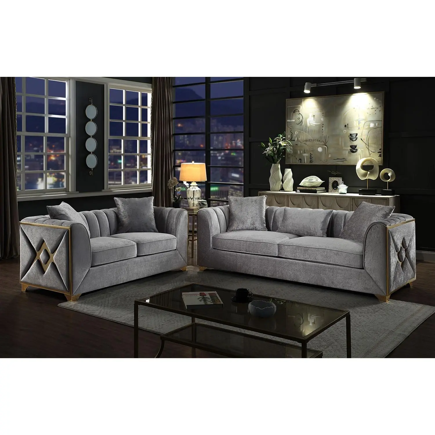 Summervibes 2-Piece 5-Seat Modern Living Room Set, Valencia Indoor Furniture Ensemble with Silver Solid Wood Frame, Gold Accents, Foldable Memory Foam Velvet Sofa, Sofas Living Room, Living Room Sets