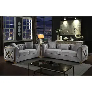Velencia 2Pc Modern Living Room Set in Silver - Solid Wood Frame, Gold Accent, 5 Seat Ensemble Foldable Memory Foam Sofa