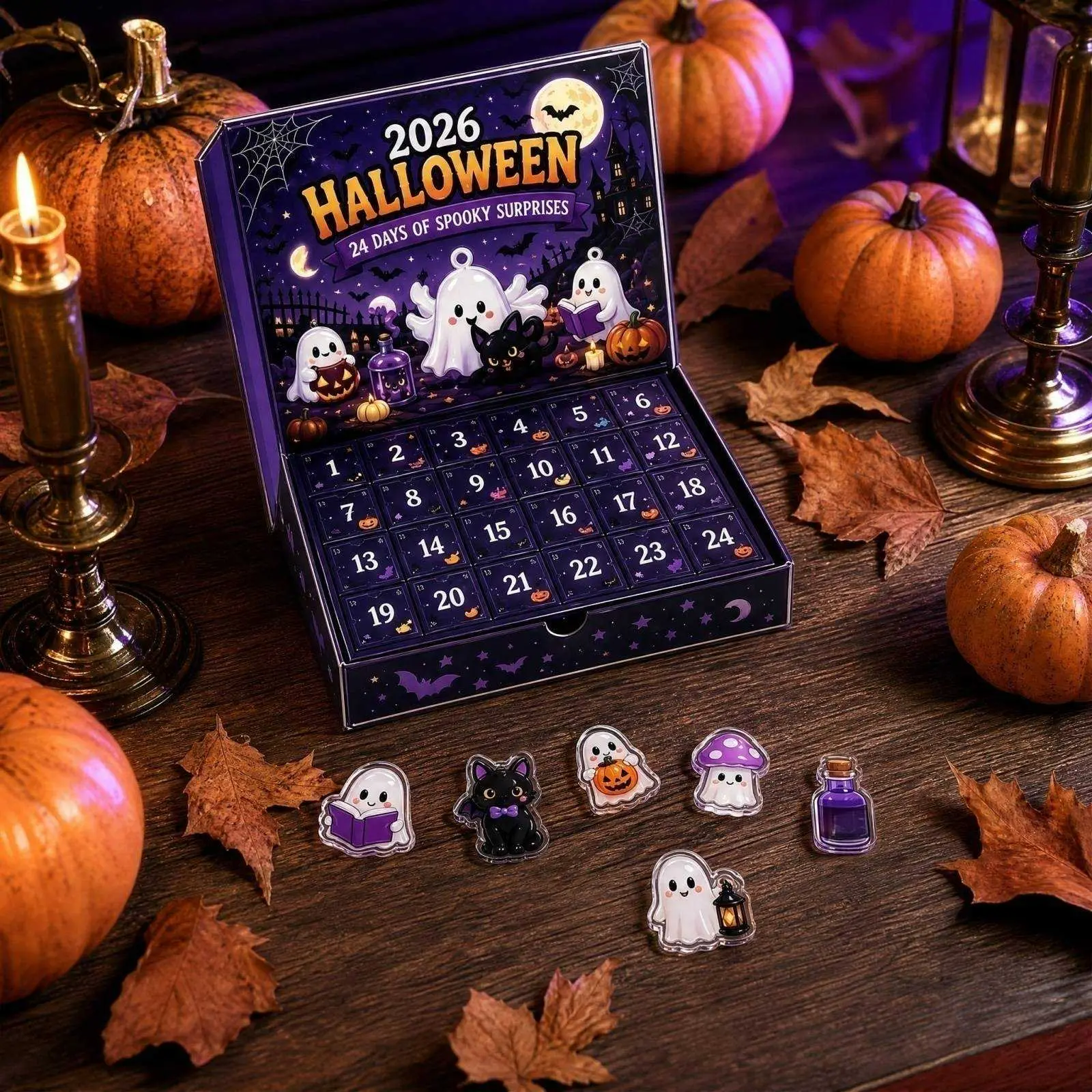 2026 Halloween 24-Day Countdown Advent Calendar Gift Box - 24 Cute 2D Acrylic Ghost Charms Spooky Blind Box Hanging Ornament for Festive Party Decor backtoschool
