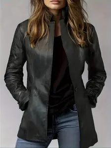 Women's Fashion Faux Leather Jacket, Zipper and Button Closure, Long Sleeve, Pockets, Casual and Stylish, All-Season Outerwear