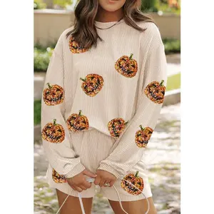 Women's 2 Piece Lounge Outfits Long Sleeve O Neck Sequins Pumpkin/Sequins Santa Claus Pullover Shorts Sets Pants Womenswear