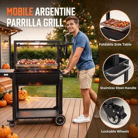 【Halloween Deals】BIG HORN Argentine Grills, Mechanical Argentine Santa Maria System Charcoal BBQ Grill - Freestanding Heavy-Duty Metal Wood-Fired Barbecue, Height-Adjustable, Precision Grease Control, Open Fire Cooking for Backyard Patio Use
