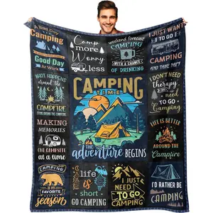 Outdoor Adventure-Style Throw Blanket — "Camping Quotes," Tent & Campfire Print — All-Season Warmth for the Bedroom