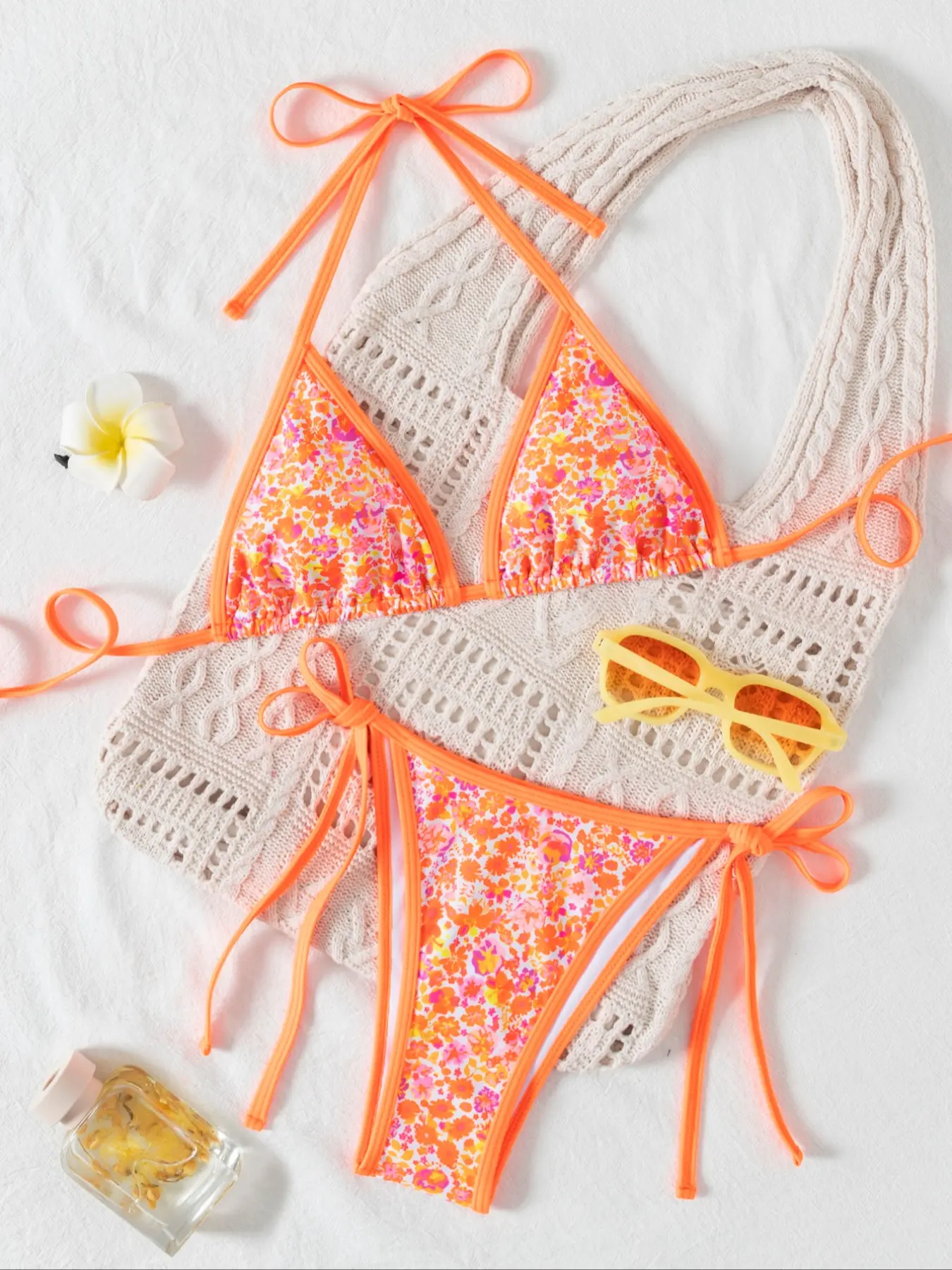 Fashion Small Floral Print String Bikini Set, Tie Back Bikinis, Sexy Two-Piece Swimsuit for Beach, Vibrant and Stylish Swimwear for Women, Bikini Outfits, Summer Beach Bikini