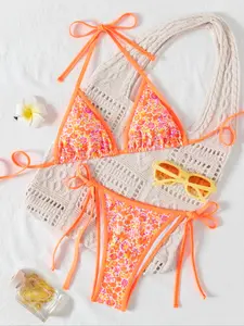 Fashion Small Floral Print String Bikini Set, Tie Back Bikinis, Sexy Two-Piece Swimsuit for Beach, Vibrant and Stylish Swimwear for Women