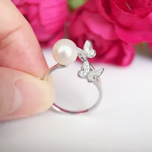 AAAA Freshater Pearl Ring Sterling Silver Butterfly Real Pearl Ring, Handmade Adjustable Ring