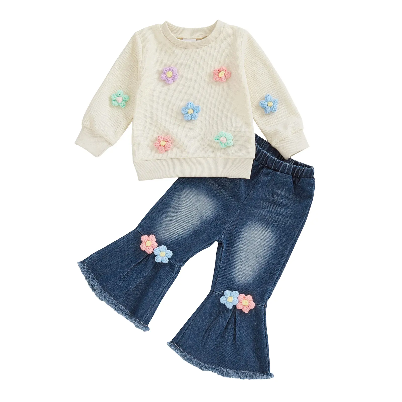 Sprifallbaby Toddler Baby Girl 2-Piece Clothing Set - Spring Long Sleeve Floral Crewneck Sweatshirt & Elastic Waist Bell Bottom Jeans Pants (Baby & Maternity Gift Set)