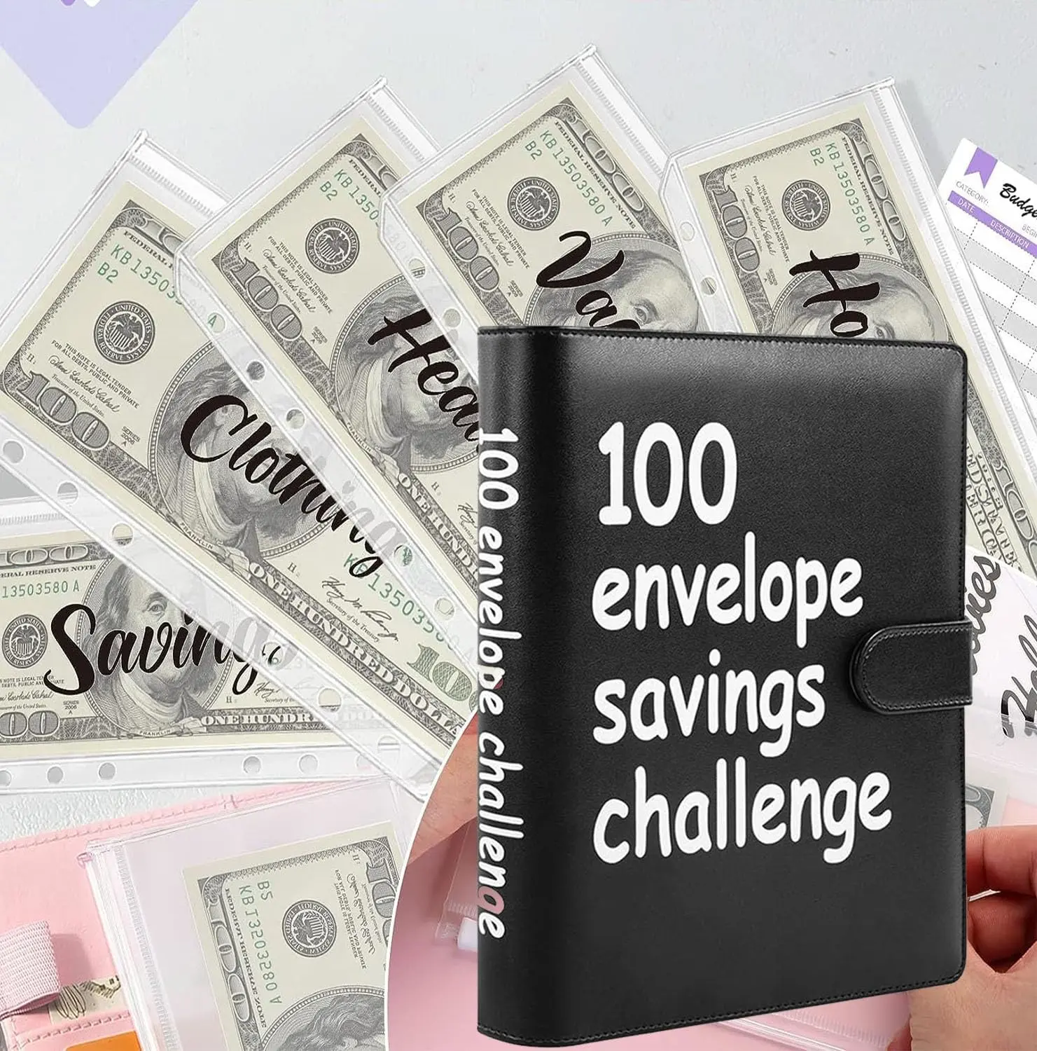 100 Envelopes Money Saving Challenge, Savings Challenges Book with Envelopes & Challenge Tracker, Motivational Process to Save $5050, Money Saving Binder 100 Pocket Pre-numbered