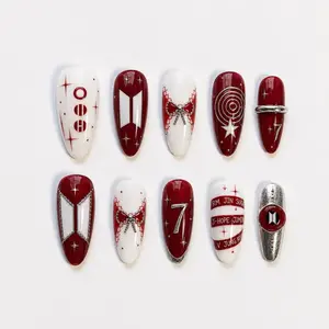 Press On False Nails, Metallic Red Kpop Y2K Nail Art Set with Silver Ribbon Orbit Design for Korean Idol Fans