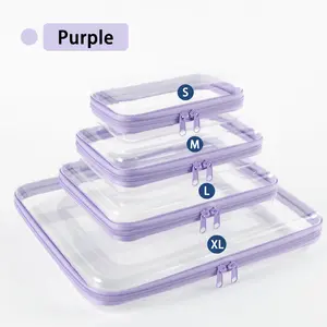 4 Piece Set Hard Edge Transparent Zipper Box, Plastic Clear Pencil Case, Travel Storage Bag, Makeup Bag, Toy Organizer, Lavender Color